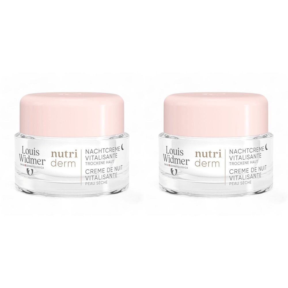 Twee potjes nachtcrème, roze deksels, transparante potjes. Opschrift: Louis Widmer, Nutriderm, Nachtcrème Vitalisante.