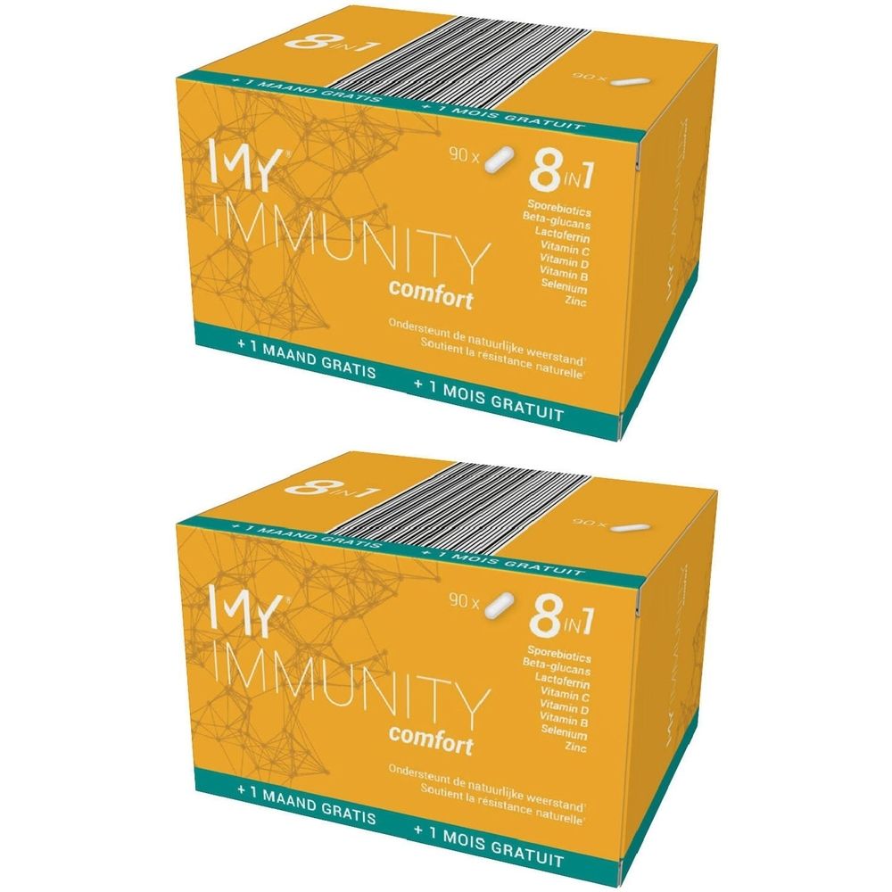 Twee gele dozen met "MY IMMUNITY comfort" en "8 in 1". Bevat vitaminen en mineralen. Met opschrift "+1 MAAND GRATIS" en "+1 MOIS GRATUIT".