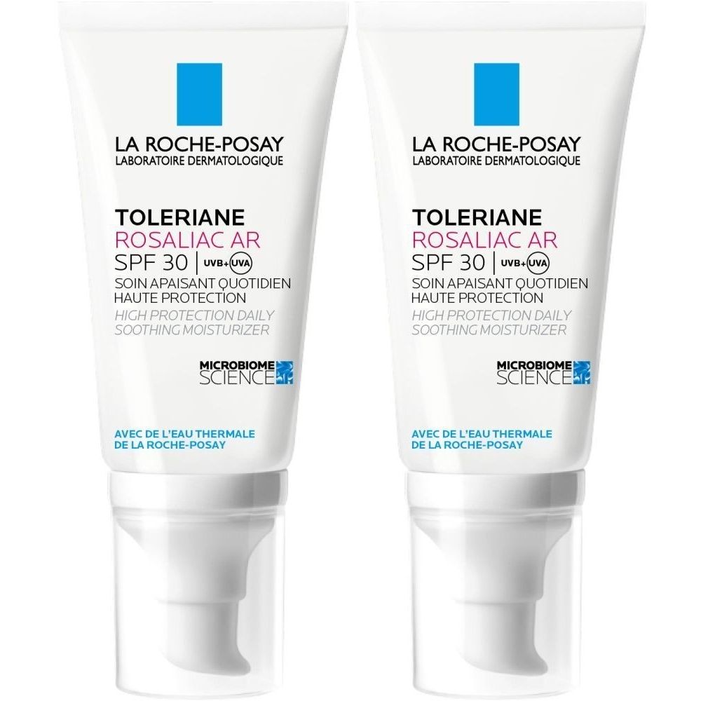 Deux tubes de crème. Inscription: La Roche-Posay, Toleriane Rosaliac AR SPF 30. Avec distributeur. Emballage blanc avec accents bleus et roses.