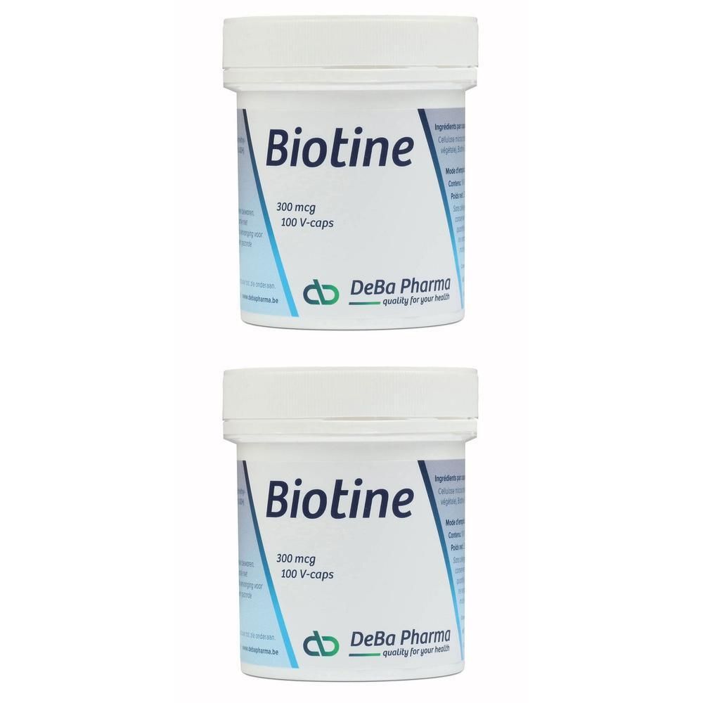 Deux flacons blancs avec inscription Biotine 300 mcg, 100 V-caps. Logo DeBa Pharma.