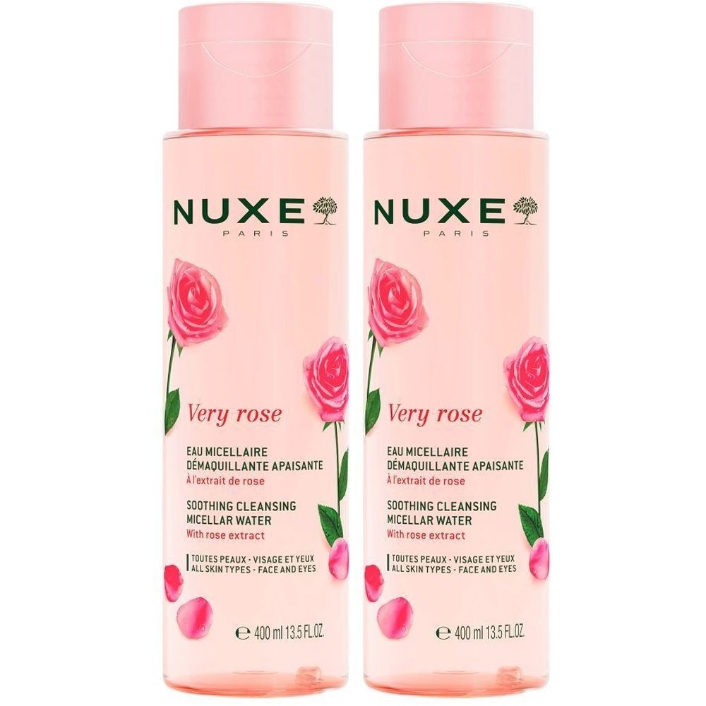 Deux flacons de Nuxe Very Rose. Liquide rose, bouchon rose, étiquette avec motif de rose et texte. 400 ml.