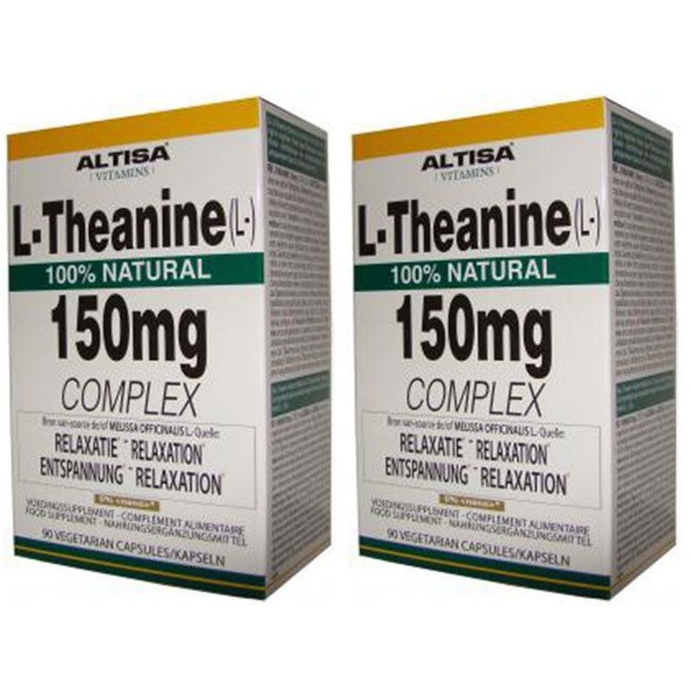 Twee dozen Altisa L-Theanine 150mg Complex. Opschrift: 100% natuurlijk, 90 vegetarische capsules. Wit, geel en groen.