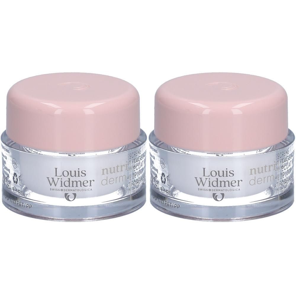 Twee potjes Louis Widmer Nutriderm crème met roze deksels. Opschrift: Nutriderm, Swiss Cosmetic.