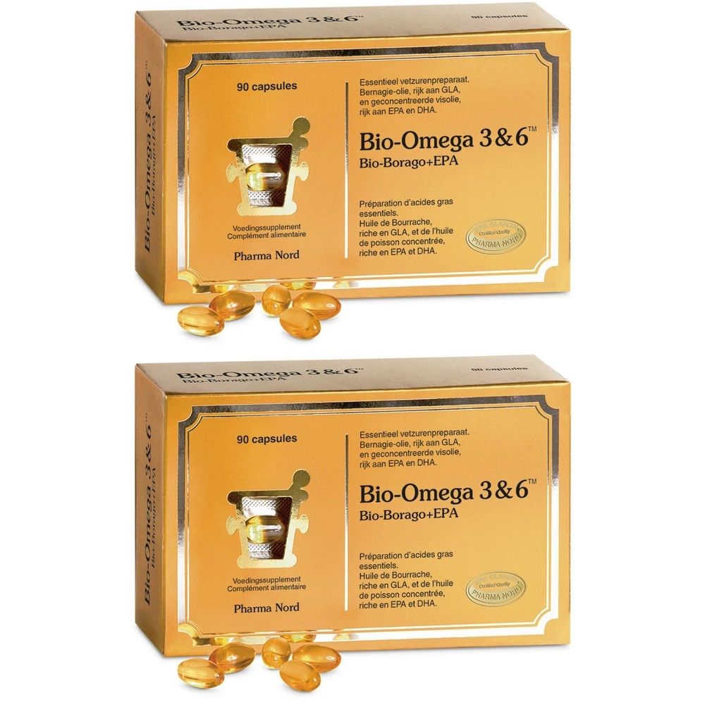 Deux boîtes dorées "Bio-Omega 3&6" et gélules. Pharma Nord.