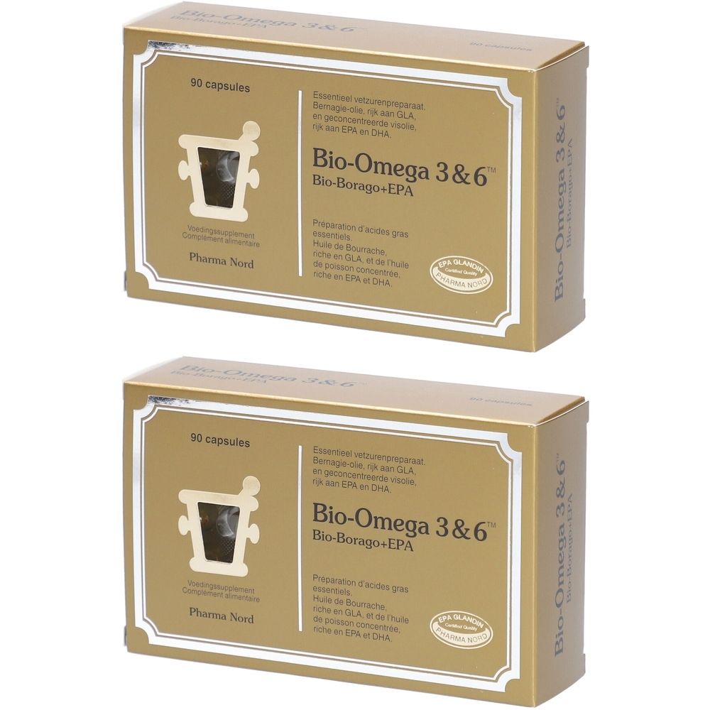Twee goudkleurige dozen met opschrift Bio-Omega 3&6. 90 capsules. Pharma Nord logo. Met zegel.
