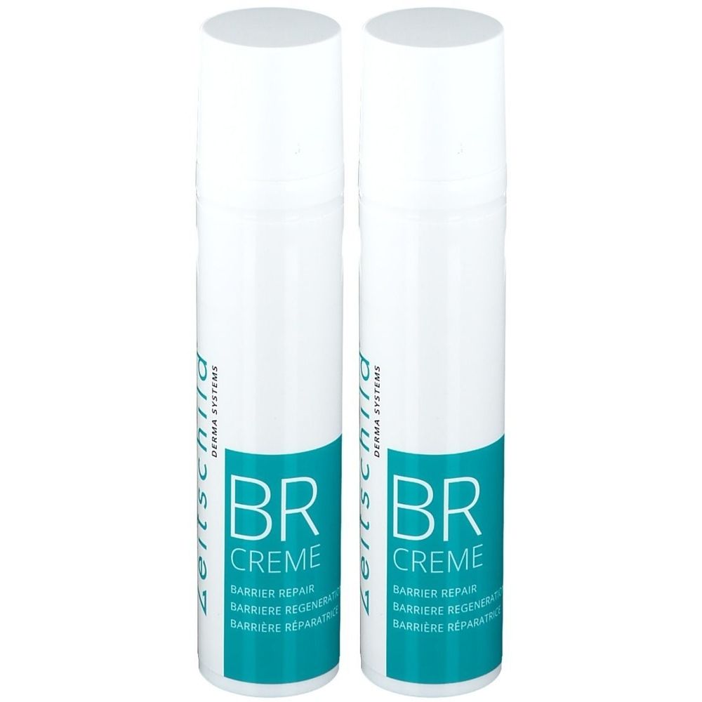 Deux flacons pulvérisateurs blancs avec une étiquette bleue. L'étiquette indique "Zeitschild Derma Systems BR Crème".