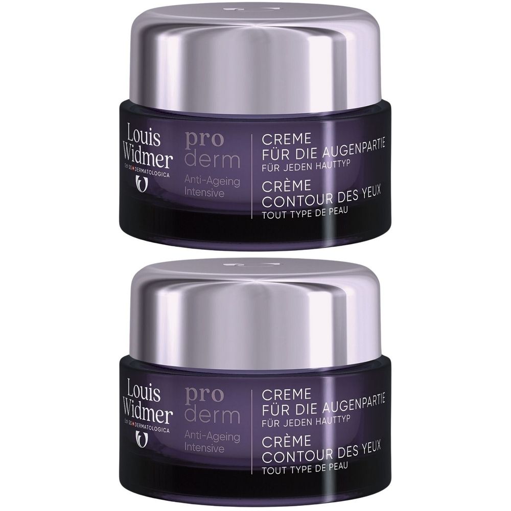 Deux pots de crème contour des yeux Louis Widmer Proderm Anti-Âge. Pots violets foncés avec couvercles argentés.