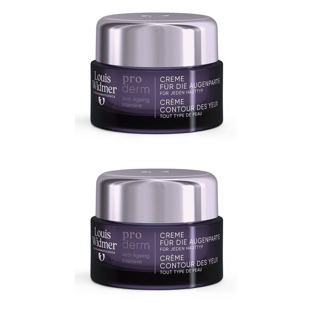 Twee potjes Louis Widmer Proderm Anti-Âge Crème Contour des Yeux. Donkerviolette potjes met zilveren deksels.