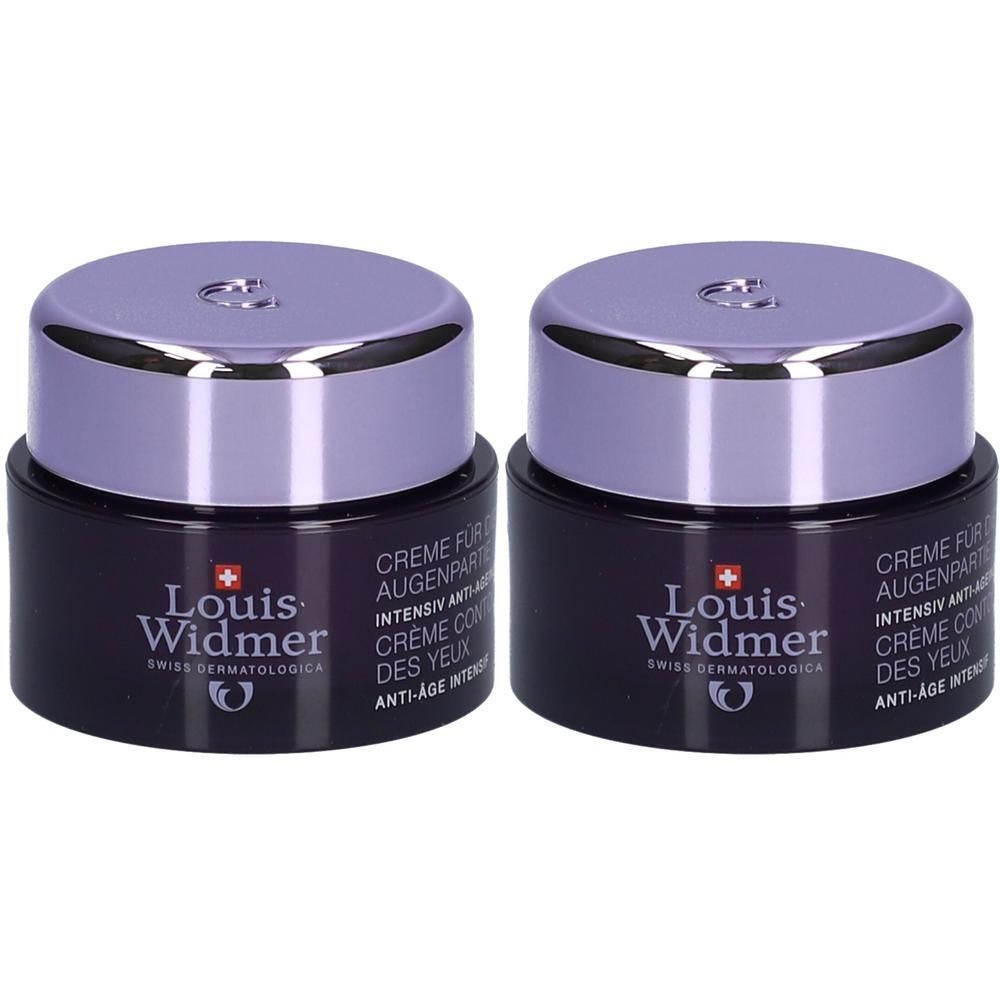 Deux pots de crème pour les yeux. Pot violet foncé avec couvercle argenté. Inscription: Louis Widmer, Crème contour des yeux, Anti-âge.