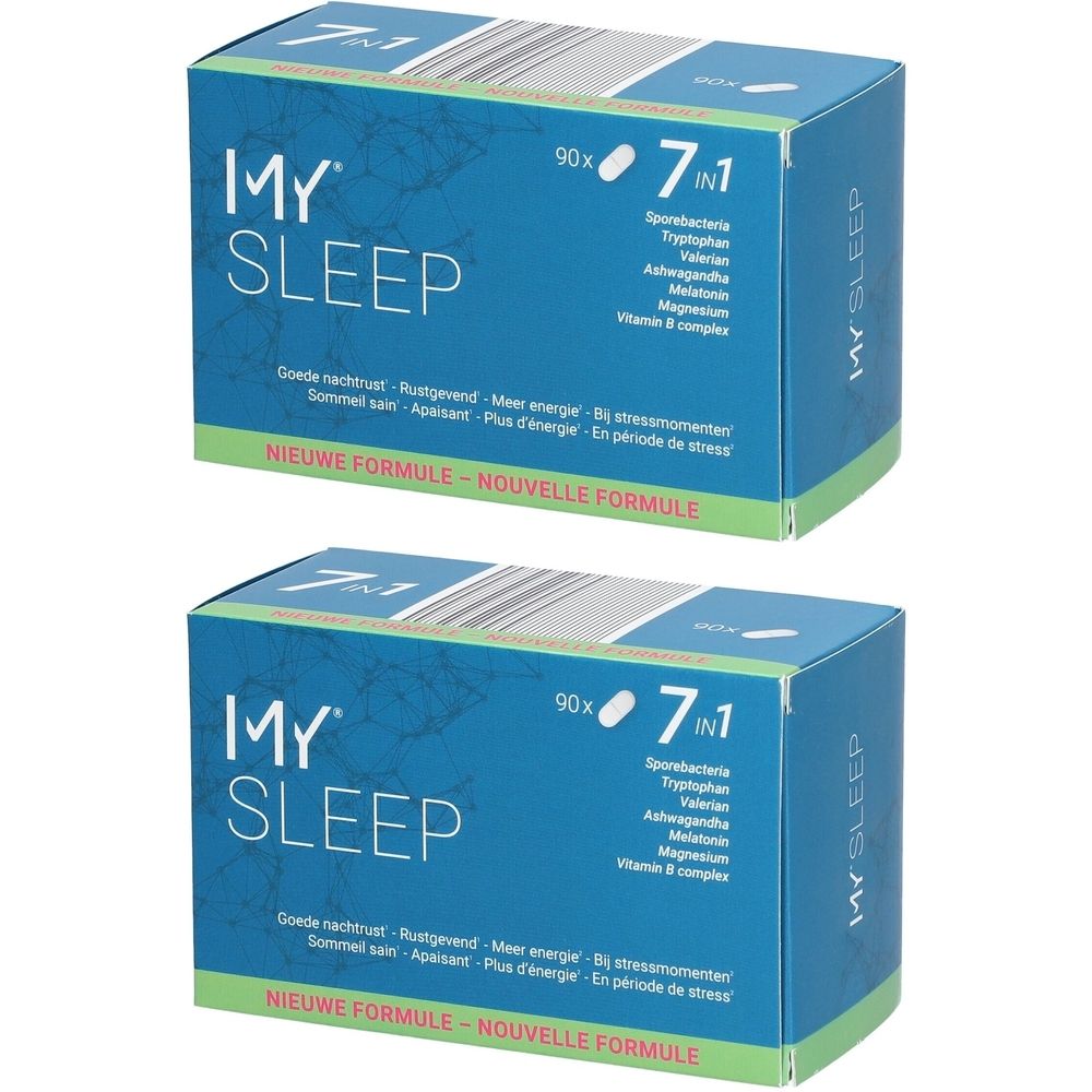Deux boîtes bleues avec le logo "MY SLEEP". Inscription : 7 en 1, 90x. Contient des ingrédients comme le tryptophane et la mélatonine. Nouvelle formule.