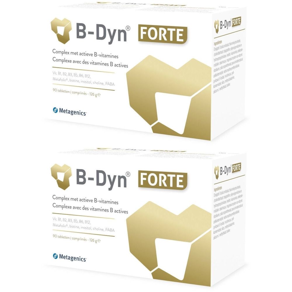 Deux boîtes blanches avec "B-Dyn FORTE". Logo doré et texte en allemand et français. Marque : Metagenics. Contient des vitamines B actives.