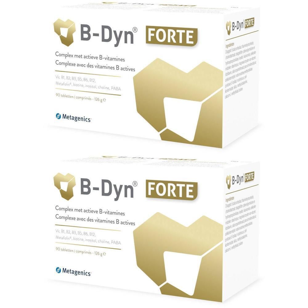Twee dozen B-Dyn® FORTE. Witte dozen met goudkleurig logo en tekst. Bevat B-vitaminen.