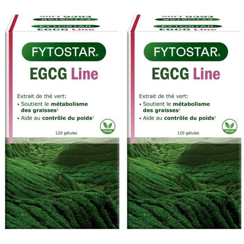 Deux boîtes Fytostar EGCG Line. Blanches, texte vert. Contient 120 gélules. Label vegan.