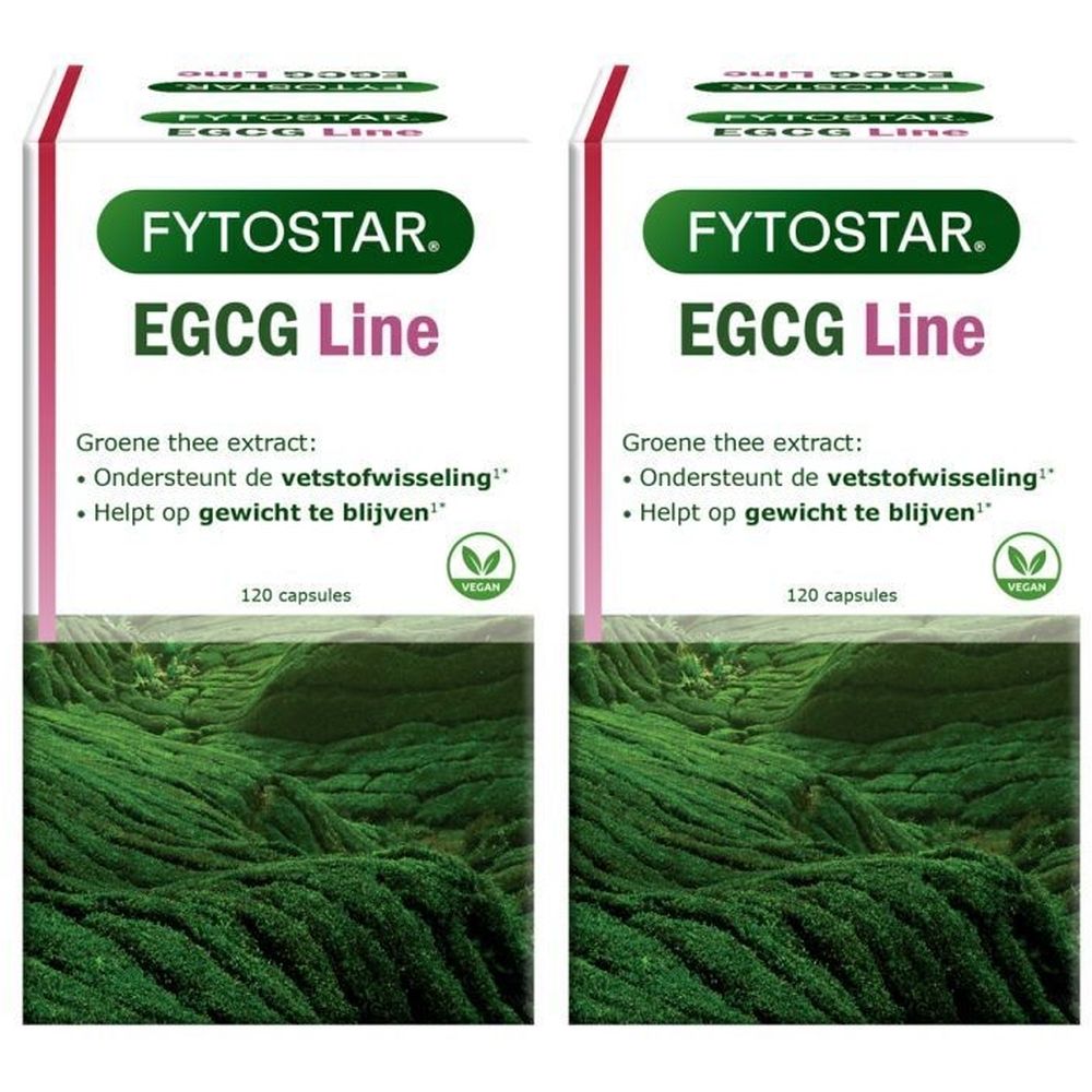 Twee dozen Fytostar EGCG Line. Wit met groene tekst. Bevat 120 capsules. Vegan label.