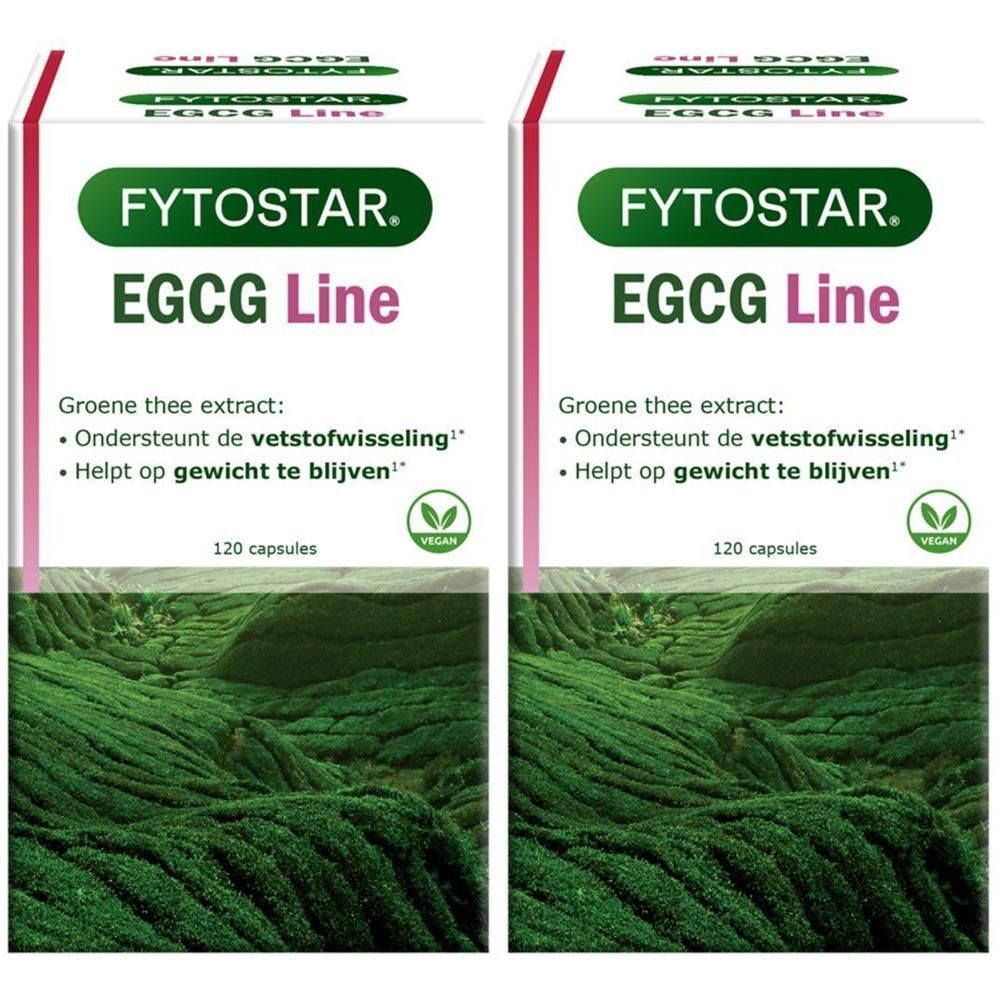 Twee dozen "Fytostar EGCG Line". Tekst: "120 capsules", "Vegan". Achtergrond: groene theeplantage.