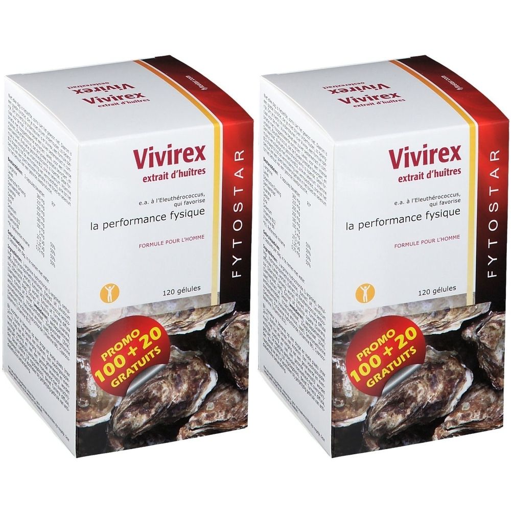 Deux boîtes blanches Vivirex, extrait d'huîtres. Texte: la performance physique. Promo 100+20 gratuits. Marque FYTOSTAR.