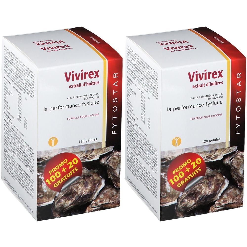 Twee witte dozen Vivirex extrait d'huîtres, 120 capsules. Rode sticker: Promo 100 + 20 gratuits. Franse tekst.