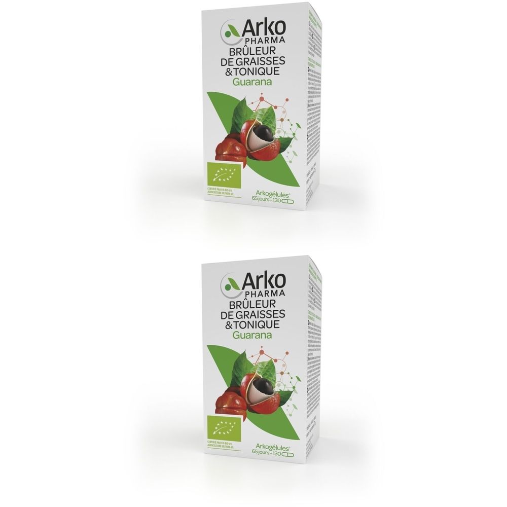 Boîte blanche Arkopharma Guarana. Illustration de fruits et feuilles de guarana. Texte: Brûleur de graisses & tonique. Label bio.