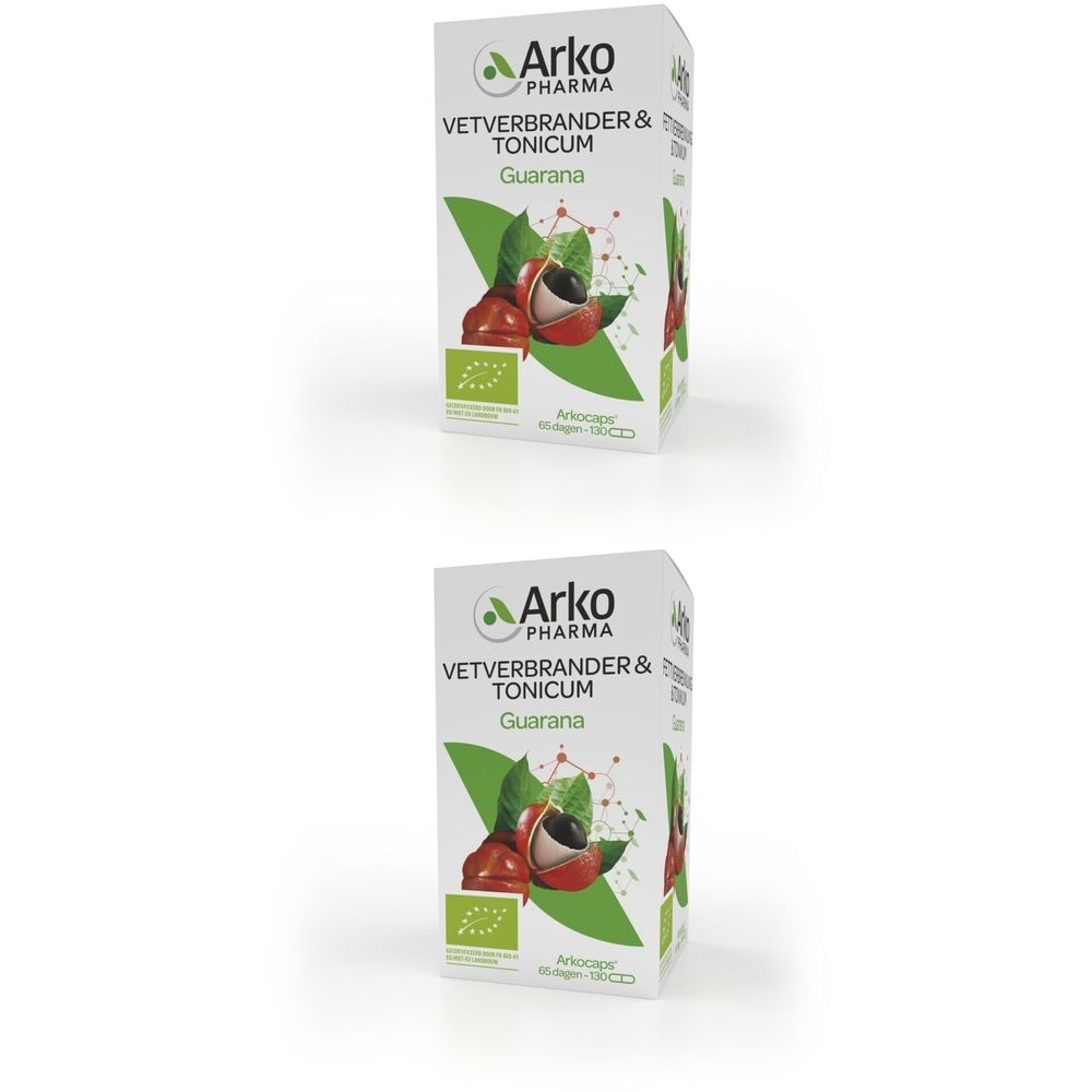 Witte doos Arkopharma Guarana. Illustratie van guarana-vruchten en bladeren. Tekst: Vetverbrander & tonicum. Bio-label.