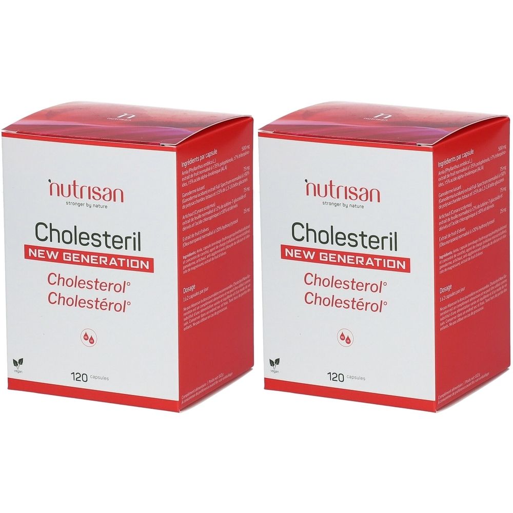 Twee rechthoekige dozen met rode en witte tekst. Opschrift: Nutrisan Cholesteril New Generation. 120 capsules.