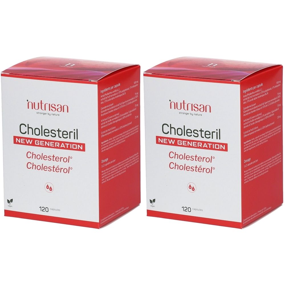Twee rode dozen "nutrisan Cholesteril". Tekst: "NEW GENERATION", "Cholesterol Cholestérol°", "120 capsules". 