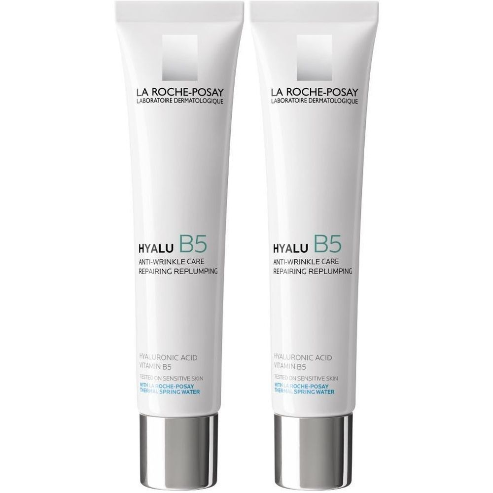 Twee crèmetubes. Opschrift: La Roche-Posay, Hyalu B5, anti-rimpelverzorging. Met hyaluronzuur en vitamine B5.