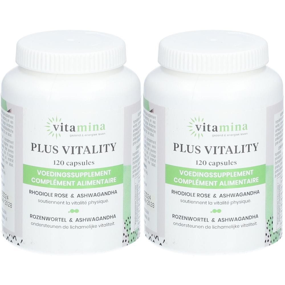 Deux flacons blancs avec étiquettes vertes. Inscription: Vitamina Plus Vitality, 120 capsules. Contient Rhodiola Rose & Ashwagandha.