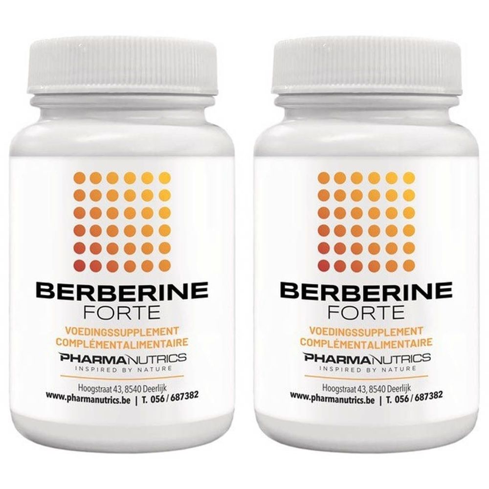 Twee witte flessen met de tekst "BERBERINE FORTE". Opschrift: VOEDINGSSUPPLEMENT, COMPLEMENTALIMENTAIRE, PHARMANUTRICS.