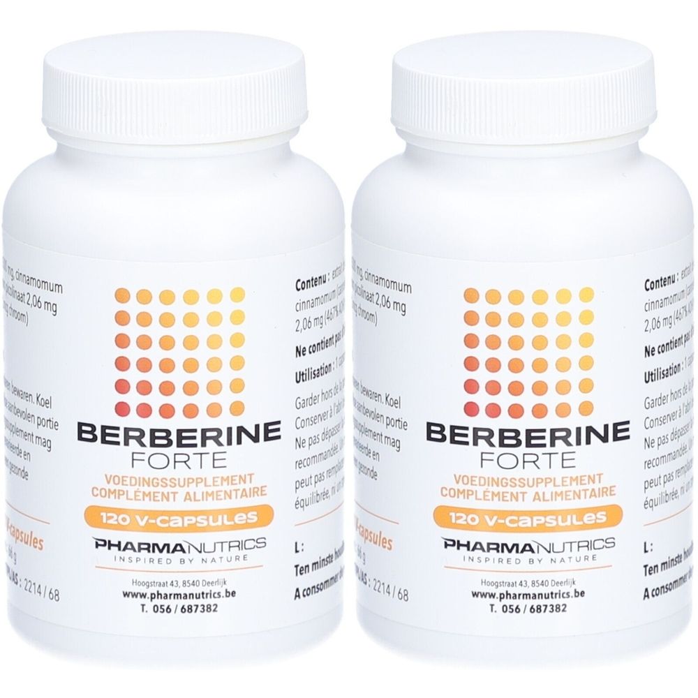 Deux flacons blancs avec étiquettes. Inscription : Berberine Forte, 120 gélules. Logo PharmaNutrics.