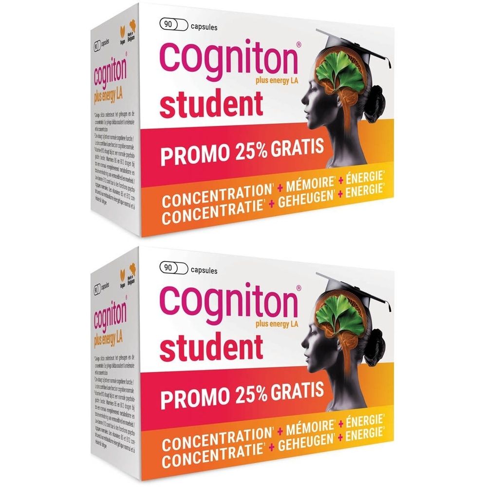 Twee dozen Cogniton Student, 90 capsules. Opschrift: Promo 25% Gratis. Bevat concentratie, geheugen en energie.