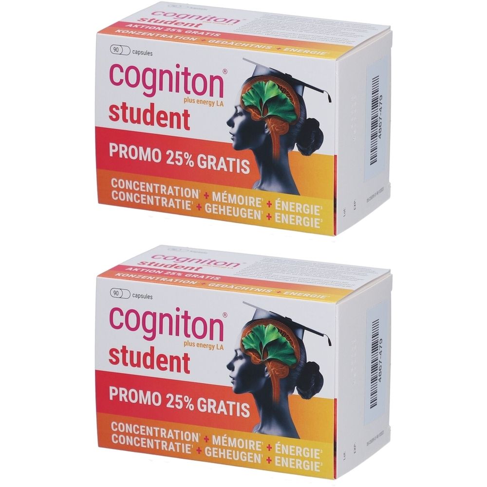 Deux boîtes de Cogniton Student. Emballage rouge et blanc avec nom du produit et texte promotionnel. Illustration d'un cerveau avec un chapeau d'étudiant.