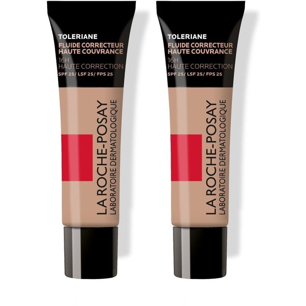 Deux tubes de La Roche-Posay Toleriane Fluide Correcteur. Tubes beiges avec bouchon noir. Bande rouge et texte.