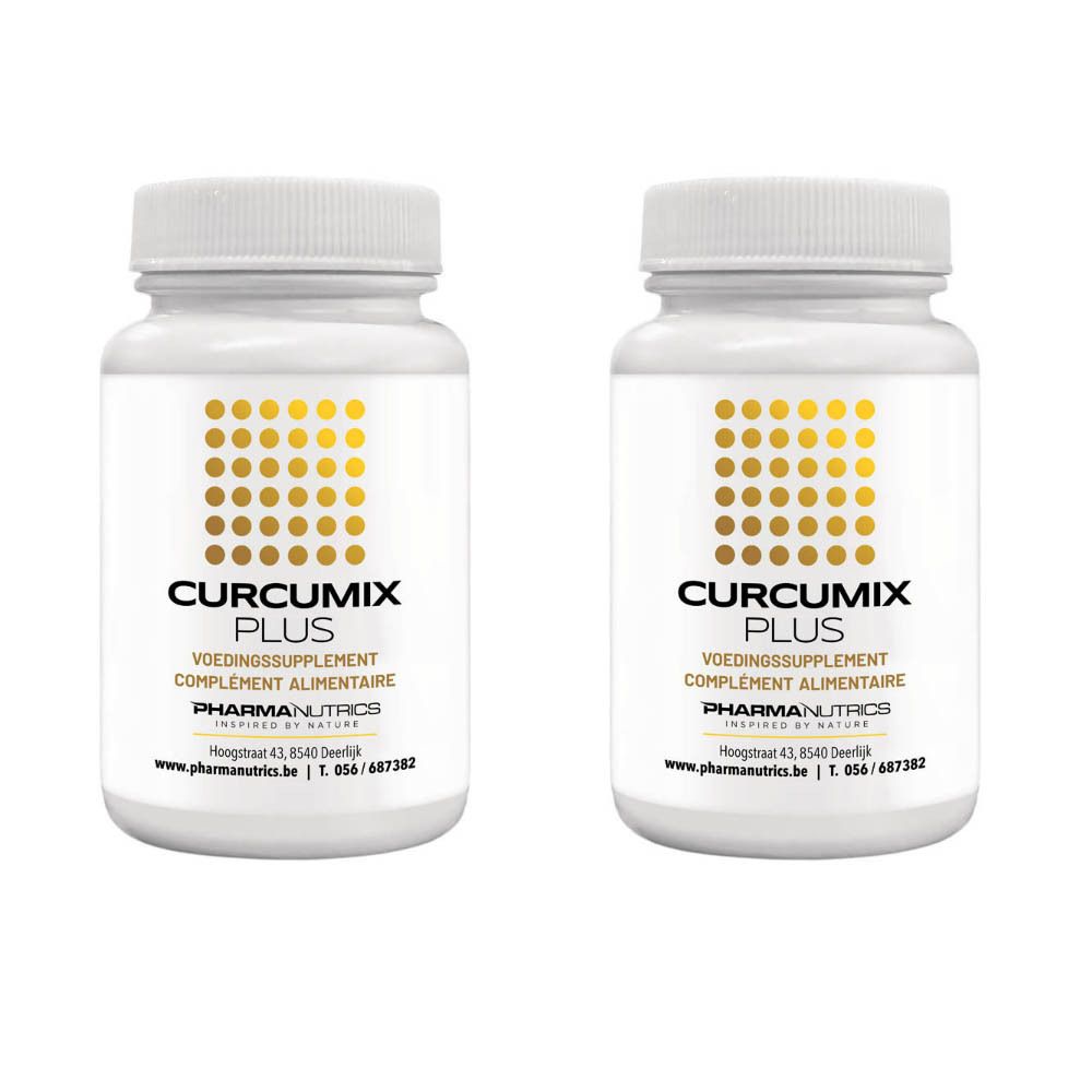 Deux flacons blancs de capsules. Les étiquettes indiquent "CURCUMIX PLUS" et "VOEDINGSSUPPLEMENT COMPLEMENT ALIMENTAIRE".