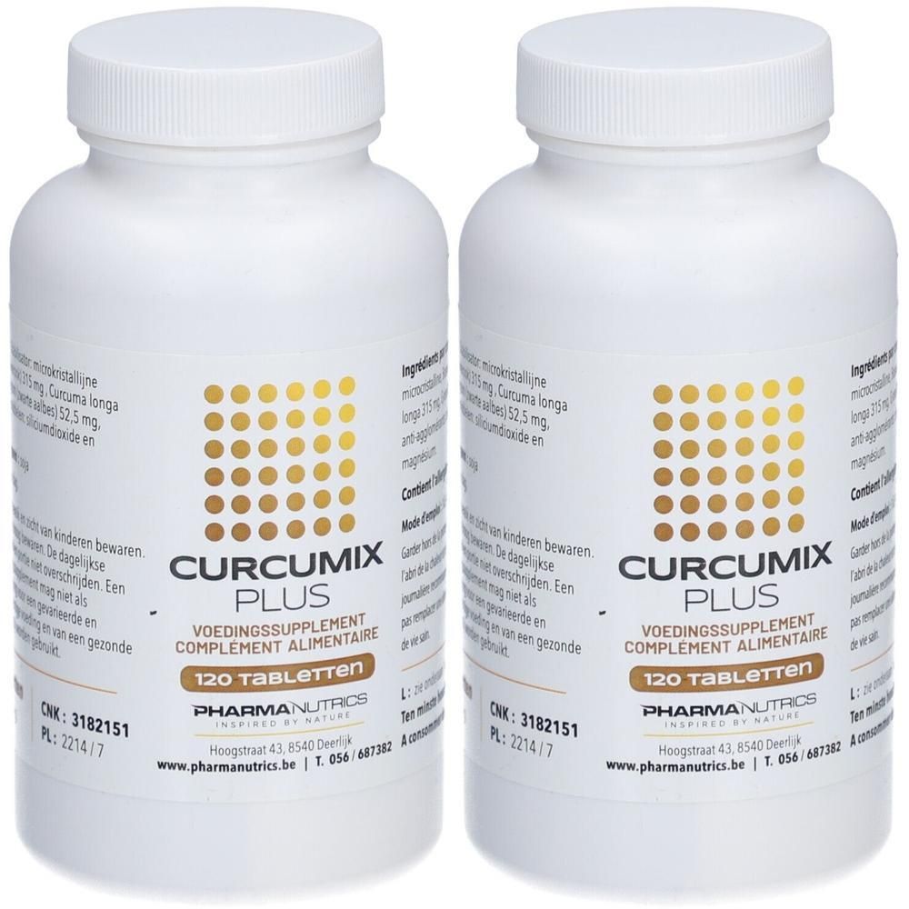 Twee witte flessen met schroefdop. Opschrift Curcumix Plus, 120 tabletten. Goudkleurig patroon en tekst.