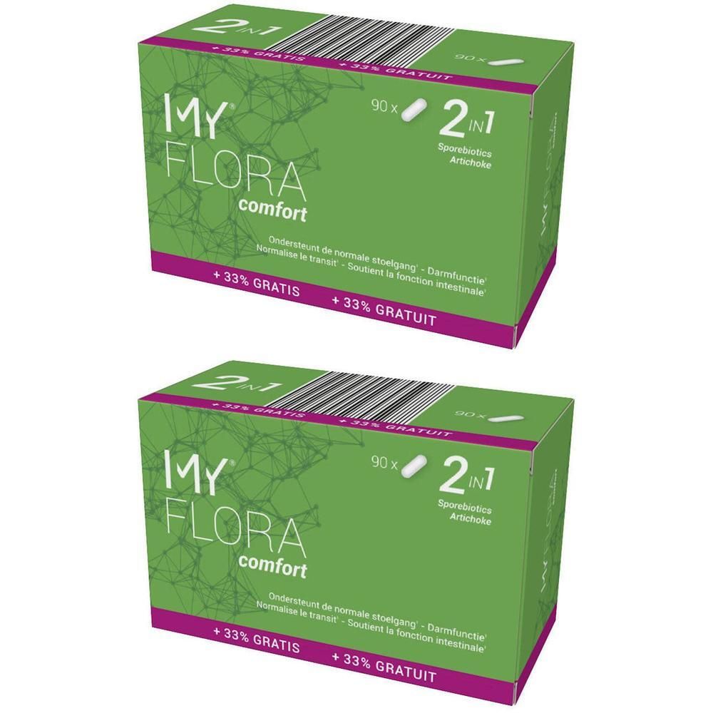 Twee groene dozen met "MY FLORA comfort" logo. Opschrift: 90x, 2in1, +33% GRATIS. Bevat sporenelementen en artisjok.