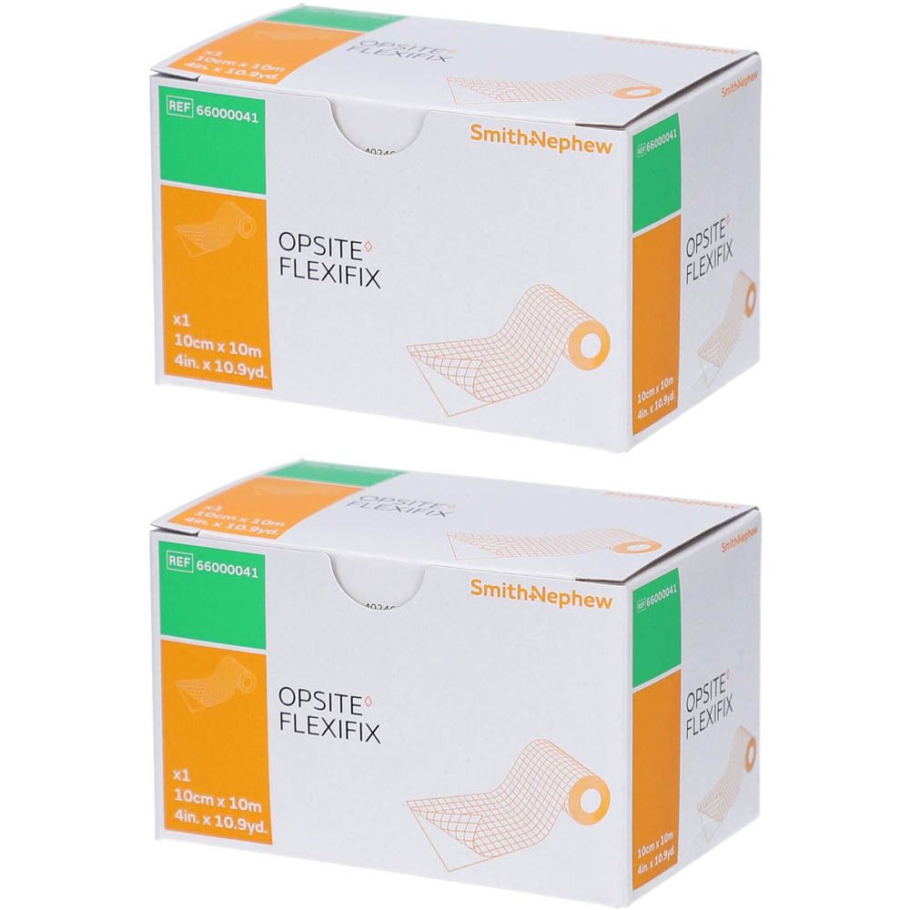 Deux boîtes OPSITE FLEXIFIX. Inscription : Smith+Nephew, 10cm x 10m. Illustration du produit et indications de taille.