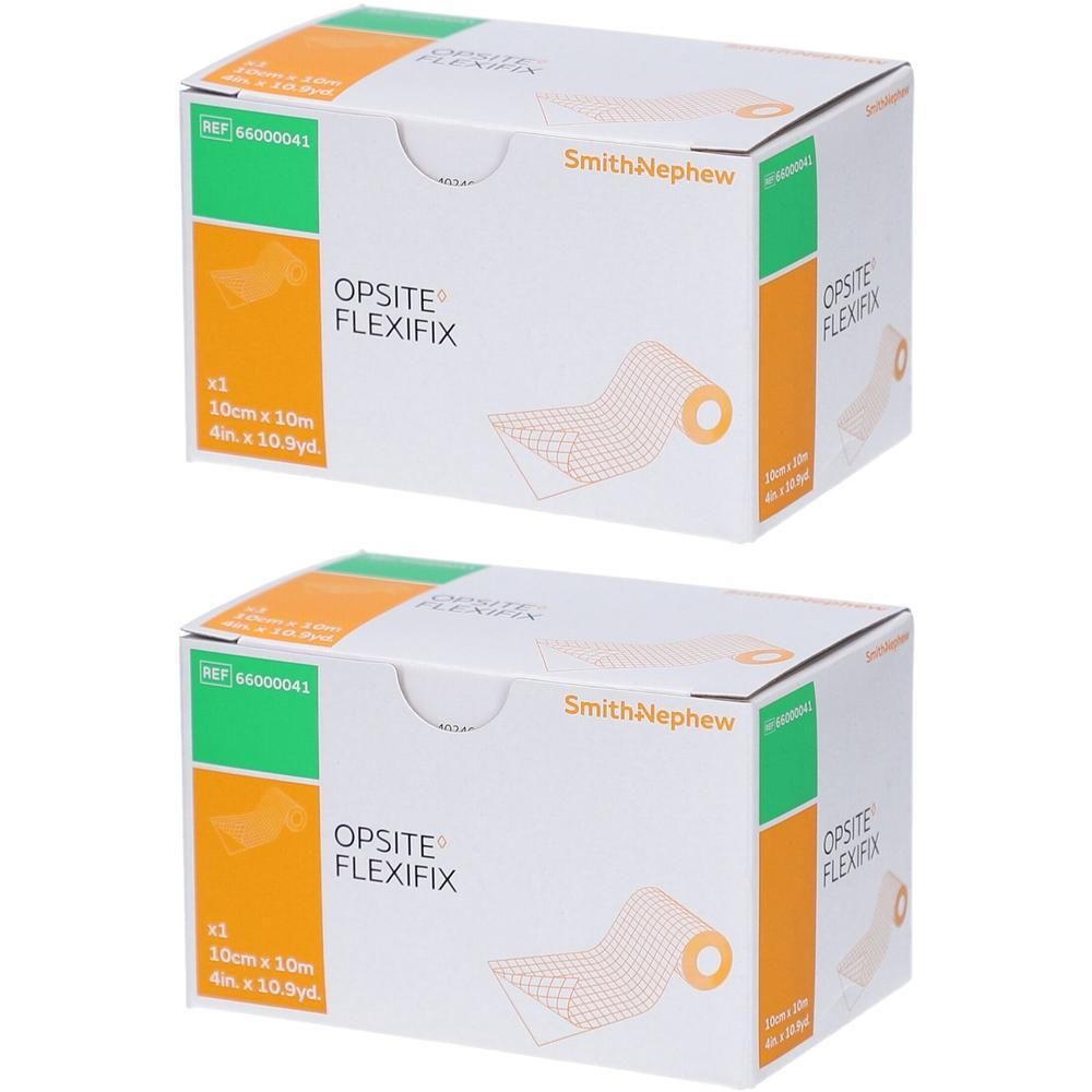 Deux boîtes OPSITE FLEXIFIX. Inscriptions : Smith+Nephew, 10cm x 10m, x1, 4in x 10.9yd. Accents verts et oranges.