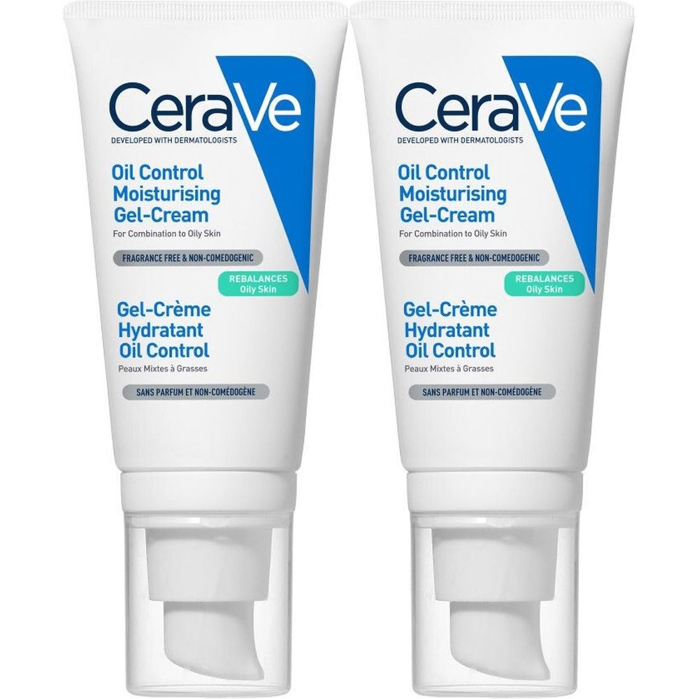 Deux tubes blancs avec texte bleu et blanc. Inscription: CeraVe Oil Control Gel-Crème Hydratant.