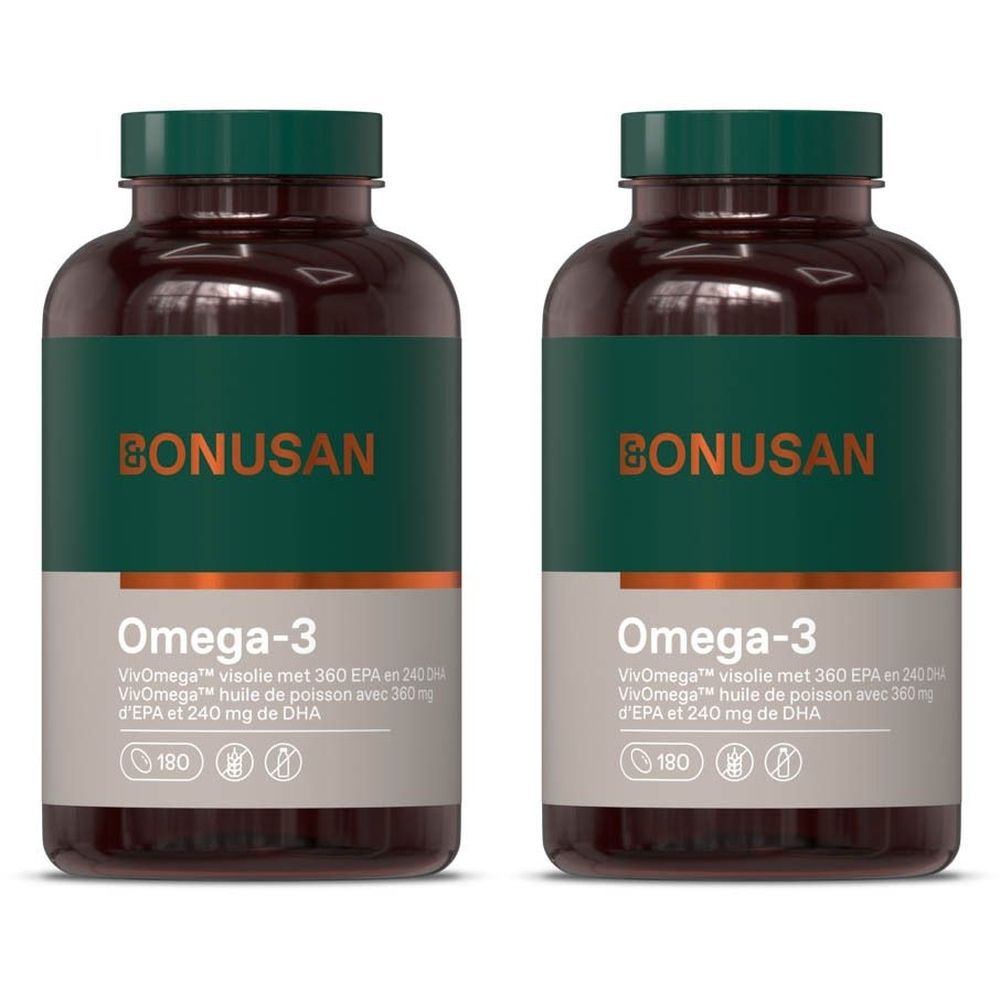 Deux flacons BONUSAN Omega-3. Flacons bruns avec bouchon et étiquette verts. Inscription : BONUSAN, Omega-3, VivOmega, 180 capsules.