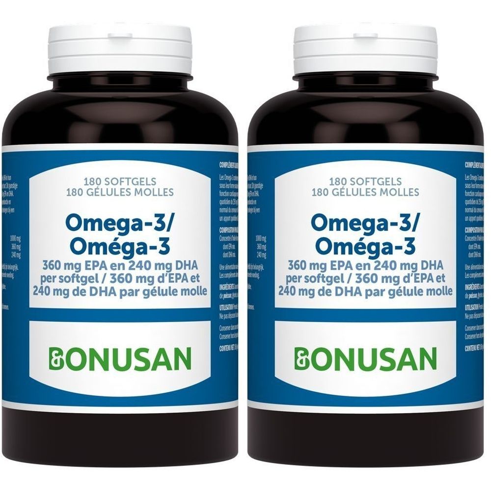 Twee flessen Omega-3 voedingssupplement. Zwarte flessen met blauw-witte etiketten. Opschrift: BONUSAN, Omega-3, 180 softgels.