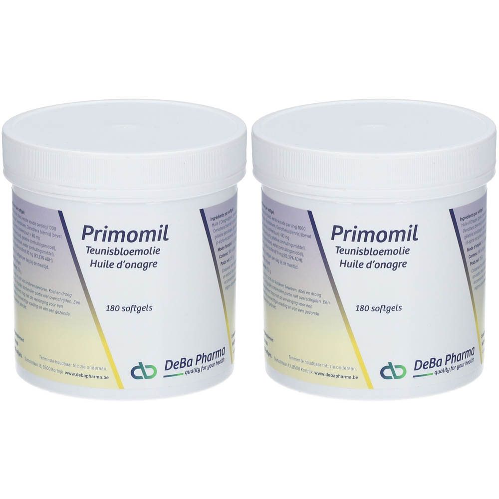 Twee witte potten met deksels. Opschrift: Primomil, Teunisbloemolie, Huile d'onagre, 180 softgels. Logo DeBa Pharma.