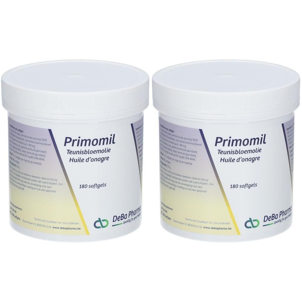 Deux pots blancs avec couvercles. Inscription: Primomil, Teunisbloemolie, Huile d'onagre. 180 gélules. DeBa Pharma.