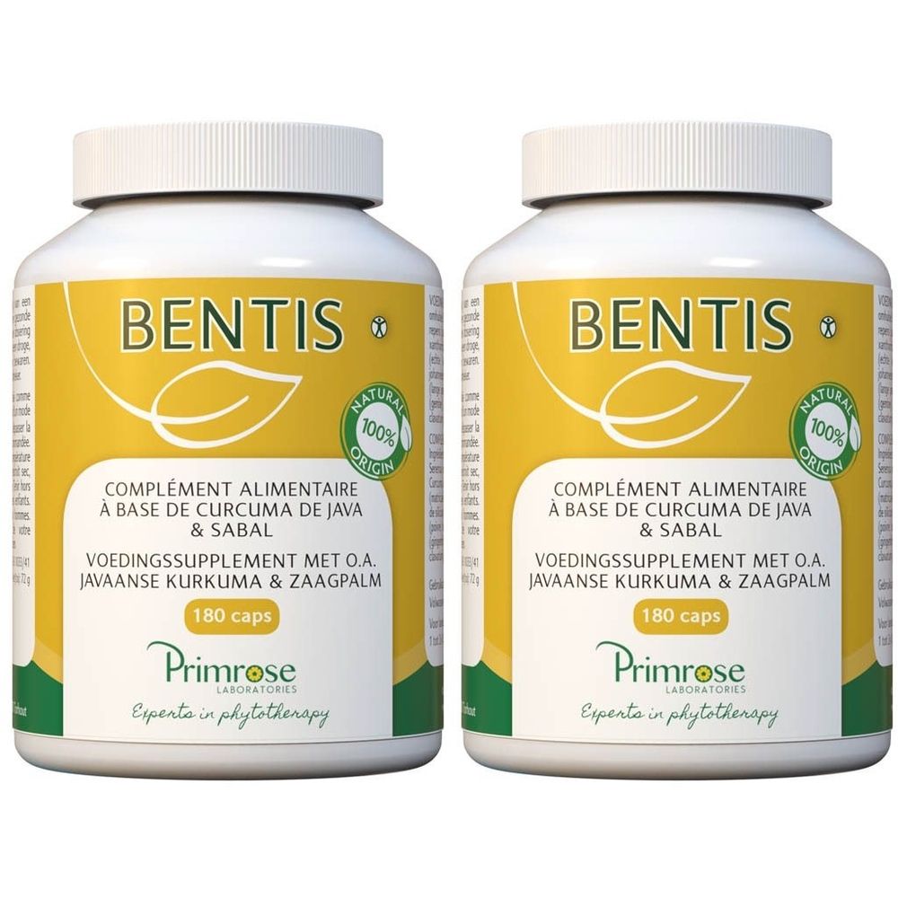 Twee witte flessen met gele etiketten. Opschrift: BENTIS, voedingssupplement met kurkuma en zaagpalm. Merk: Primrose.