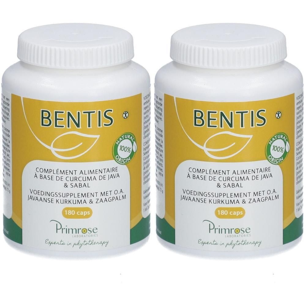 Twee witte flessen met gele etiketten. Opschrift: BENTIS, 180 capsules. Primrose Laboratoires.