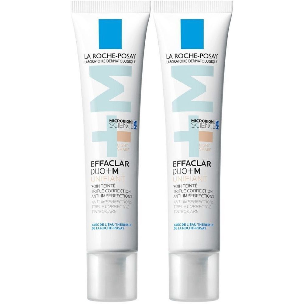 Deux tubes de La Roche-Posay Effaclar Duo+M Unifiant. Tubes blancs avec texte bleu et beige. Correction triple.