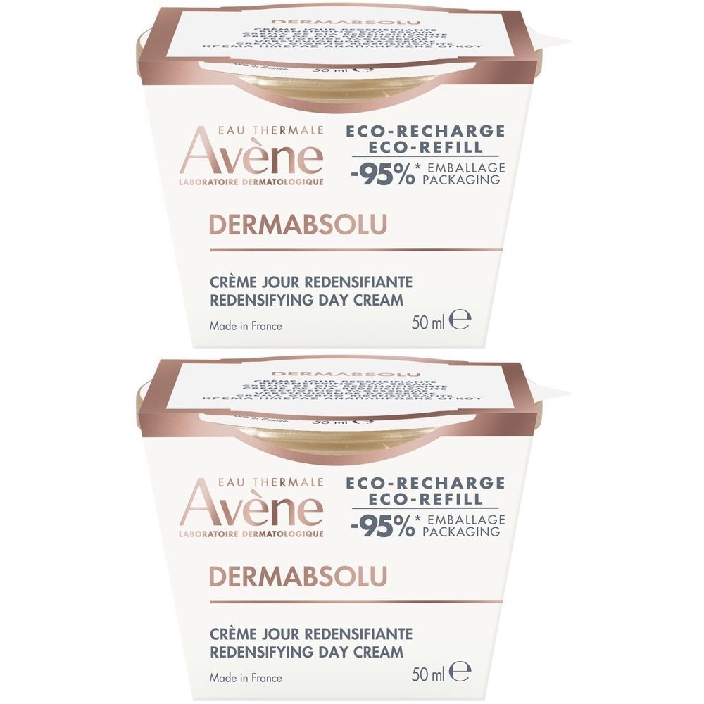 Deux recharges Avène Dermabsolu Crème jour. Emballage blanc avec texte et logo.