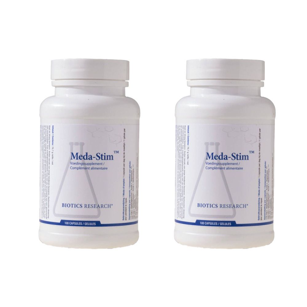 Deux flacons blancs avec l'étiquette "Meda-Stim". Texte: Complément alimentaire, Biotics Research. 100 capsules.