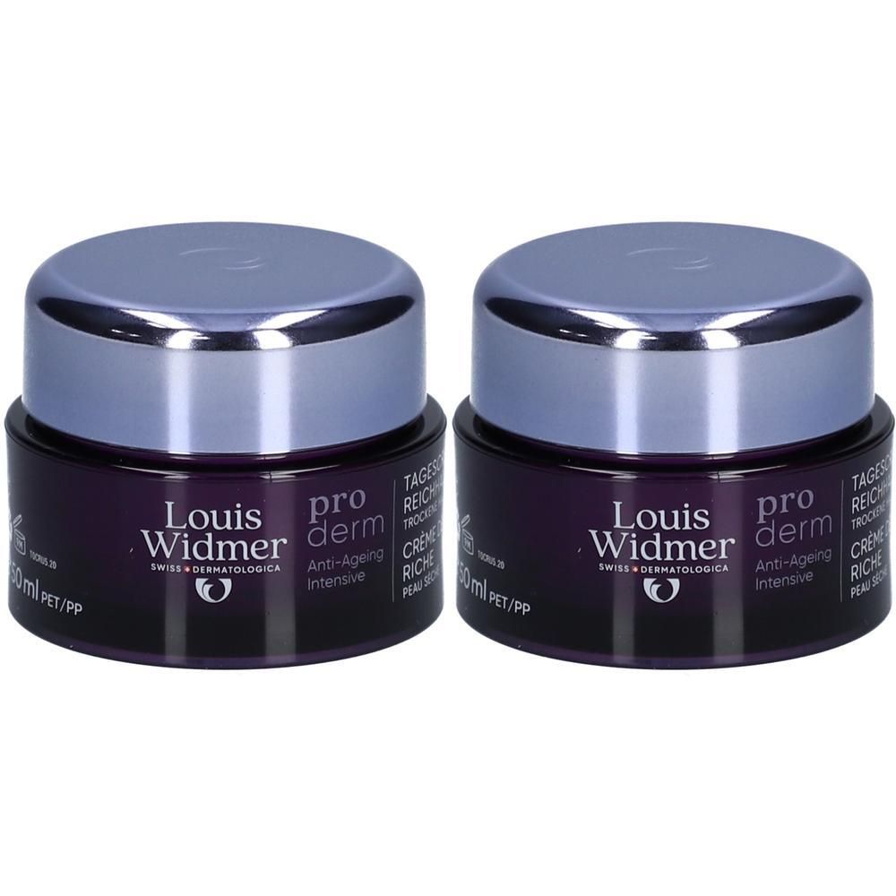 Twee potjes Louis Widmer Proderm dagcrème. Donkerviolette potjes met zilveren deksels. Opschrift: Proderm, Anti-Aging, 50ml.