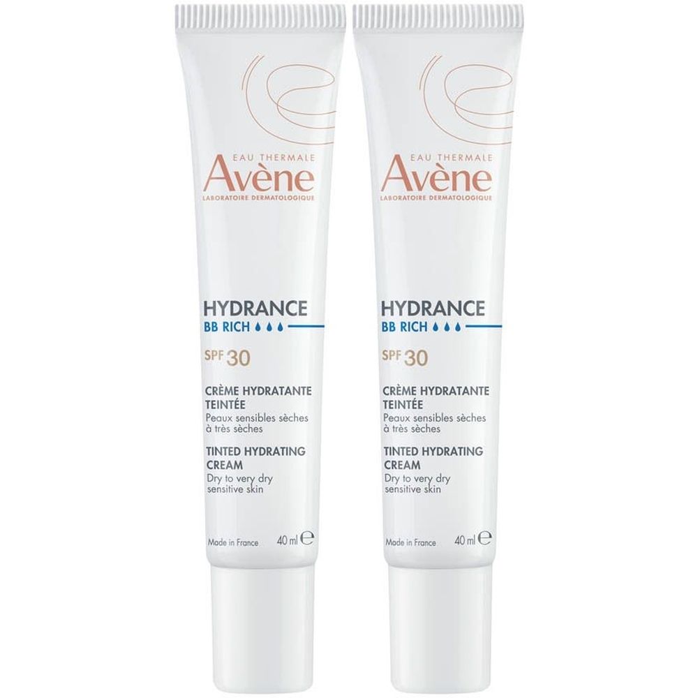 Deux tubes de crème. Inscription: Avène, Hydrance BB Rich, SPF 30, Crème hydratante teintée. Pour peaux sèches à très sèches.
