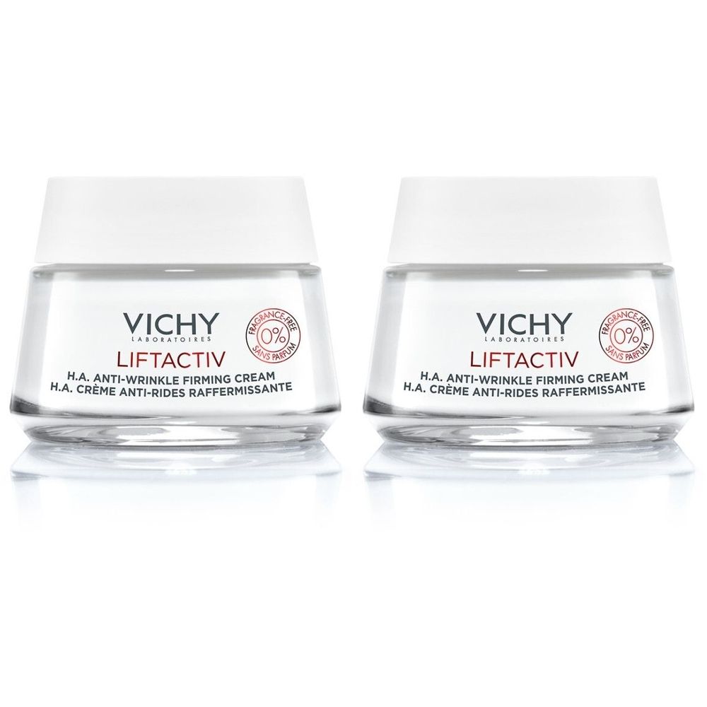 Deux pots de crème avec couvercles blancs et verre transparent. Inscription: VICHY LIFTACTIV, Crème anti-rides raffermissante, sans parfum.